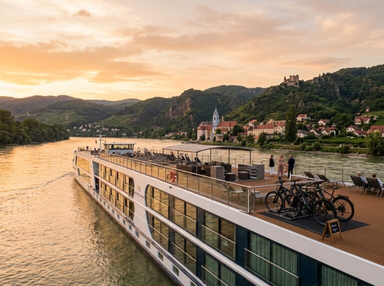 Lussuosa nave da crociera fluviale sul Danubio al tramonto, con biciclette di alta gamma sul ponte superiore (Immagine generata con IA).