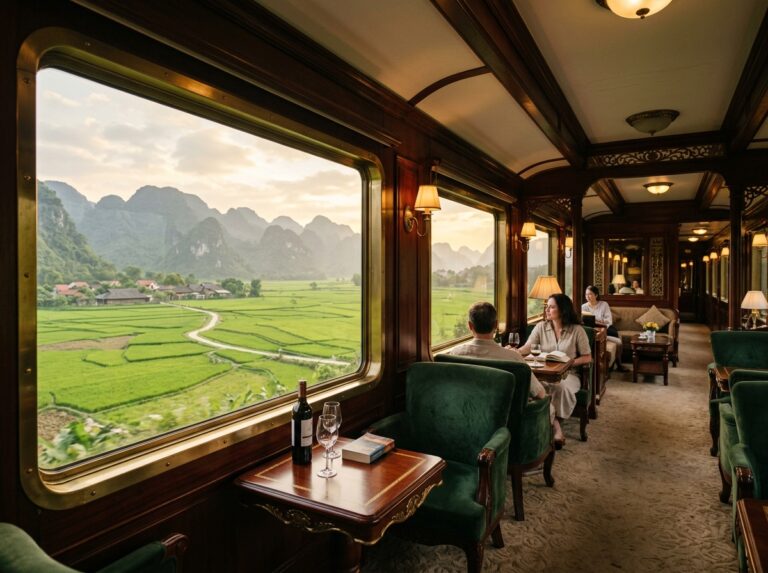 Interno elegante di un vagone ferroviario di lusso che attraversa i suggestivi paesaggi rurali del Vietnam, con finestre panoramiche che rivelano risaie e montagne. (Immagine generata con IA)