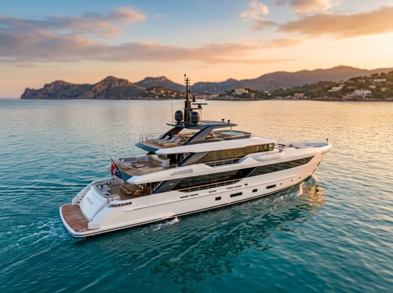 Un lussuoso superyacht da 50 metri, simile al T500 di Tankoa, naviga su acque cristalline al tramonto, con il suo design elegante e i ponti spaziosi (Immagine generata con IA).