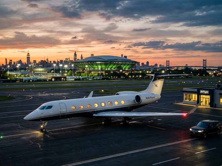Un sofisticato jet privato parcheggiato su una pista di atterraggio privata al crepuscolo, con luci interne che risaltano l'eleganza degli interni e un paesaggio urbano sfocato sullo sfondo. (Immagine generata con IA)