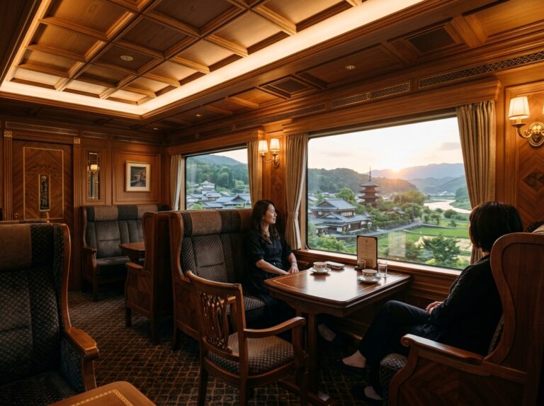 Interno sontuoso del treno di lusso Seven Stars in Kyushu, con pannelli in legno pregiato e ampie finestre che mostrano un paesaggio giapponese idilliaco. (Immagine generata con IA)