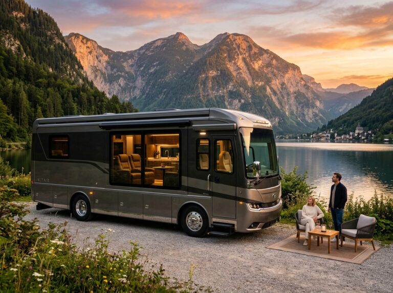 Esterno di un motorhome di lusso ultramoderno parcheggiato in una località montana panoramica al tramonto, con finiture eleganti e grandi finestre panoramiche che riflettono il paesaggio circostante. (Immagine generata con IA)