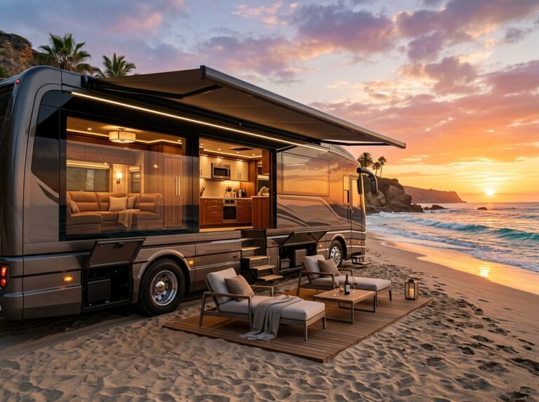 Un motorhome di lusso parcheggiato su una spiaggia al tramonto, con un'elegante area esterna e interni raffinati. (Immagine generata con IA)