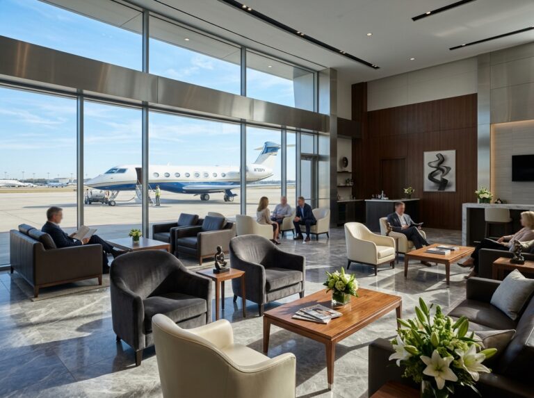 Interno di un lussuoso terminal per jet privati, con arredi moderni e una vista su un elegante jet. (Immagine generata con IA)