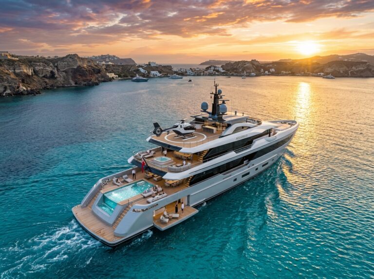 Un superyacht moderno ed elegante naviga in acque cristalline al tramonto, con lussuosi ponti e piscina a sfioro (Immagine generata con IA).