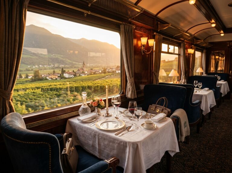 Interno di un lussuoso vagone ristorante di un treno storico, con arredi opulenti, finestre panoramiche e una tavola imbandita, che evoca un viaggio elegante attraverso paesaggi mozzauri. (Immagine generata con IA)