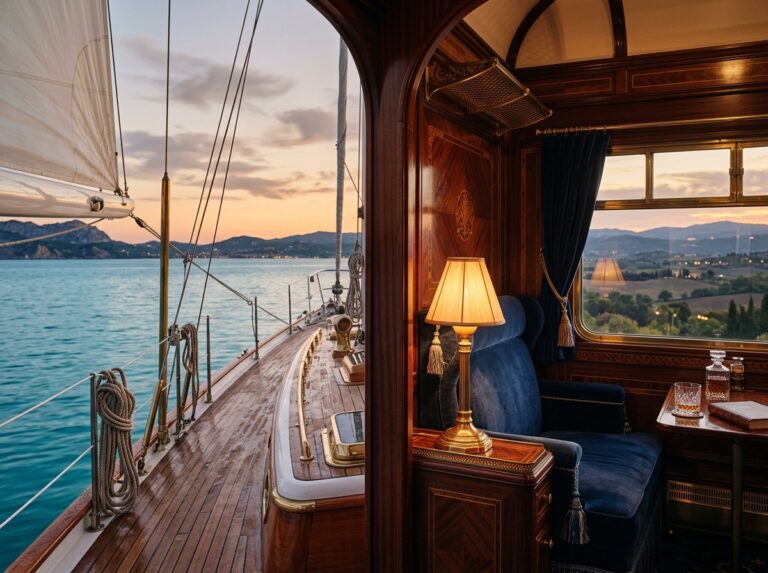 Un'elegante composizione che unisce il lusso di uno yacht a vela in acque cristalline con l'opulenza degli interni di un vagone dell'Orient Express (Immagine generata con IA).