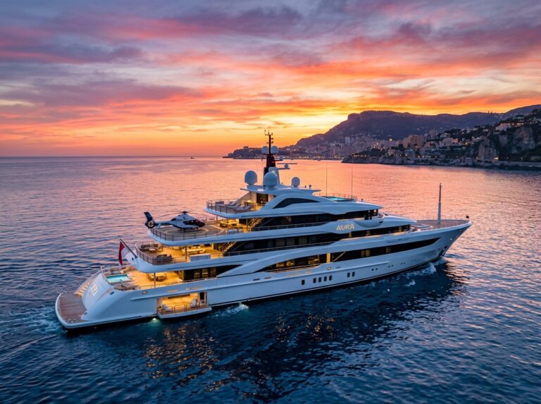 Un lussuoso megayacht di oltre 100 metri naviga al tramonto nelle acque cristalline del Mediterraneo, con una costa europea sullo sfondo. (Immagine generata con IA)