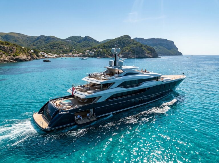 Un elegante superyacht di lusso naviga in acque cristalline sotto un cielo azzurro, simbolo di viaggio esclusivo e raffinatezza (Immagine generata con IA).