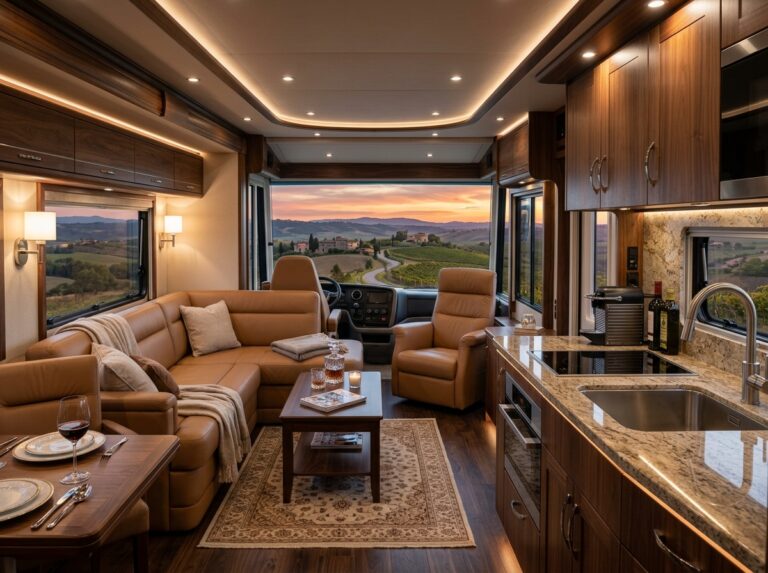 Interno lussuoso di un motorhome di alta gamma con finiture pregiate, divani in pelle e una cucina moderna, che suggerisce un viaggio confortevole ed elegante. (Immagine generata con IA)