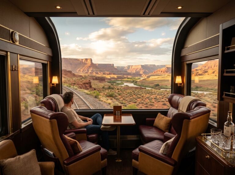 Interno lussuoso di un treno con finestre panoramiche che mostrano i paesaggi iconici dell'Ovest Americano. (Immagine generata con IA)