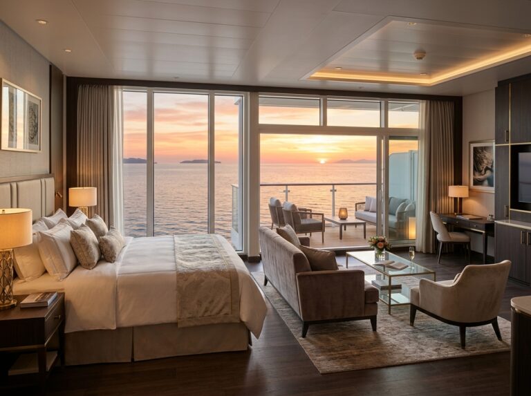 Interni di una suite di lusso su una nave da crociera, con vista mozzafiato sull'oceano e arredamento elegante (Immagine generata con IA).