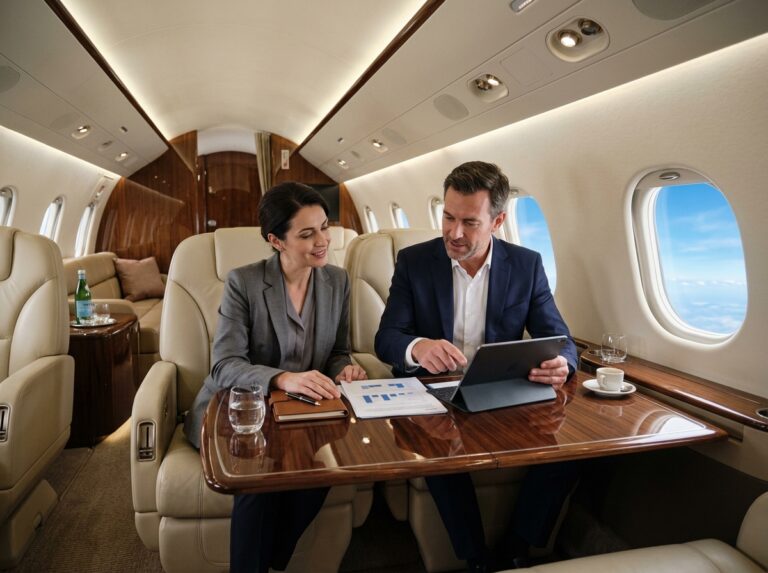 Interno lussuoso di un jet privato con due professionisti d'affari seduti a un tavolo elegante, che lavorano in un ambiente sereno e confortevole. (Immagine generata con IA)