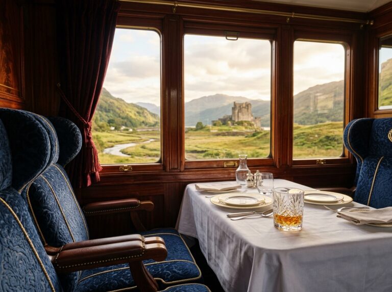 Interno sfarzoso di un treno di lusso con dettagli in legno pregiato e velluto, con vista sul paesaggio scozzese (Immagine generata con IA).