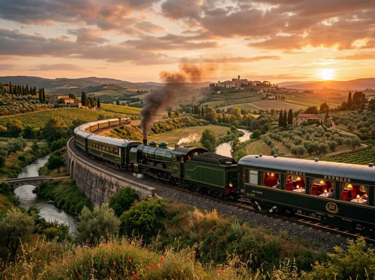 Un lussuoso treno d'epoca verde scuro e oro attraversa un paesaggio pittoresco al tramonto, con colline dolci e un fiume sinuoso. (Immagine generata con IA)