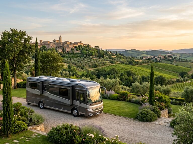Un motorhome di lusso parcheggiato in un'area verde e ben curata, con colline umbre e piccoli borghi sullo sfondo (Immagine generata con IA)