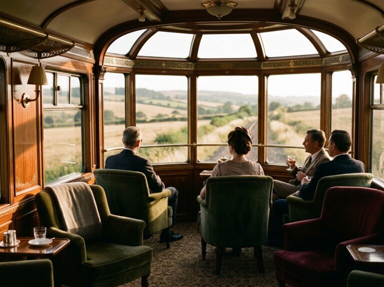 Interno lussuoso di un treno d'epoca, con poltrone in velluto e finestre panoramiche che offrono una vista suggestiva sulla campagna inglese. (Immagine generata con IA)