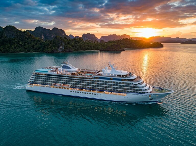 Una lussuosa nave da crociera moderna che solca acque tranquille al tramonto, con isole tropicali sullo sfondo. (Immagine generata con IA)