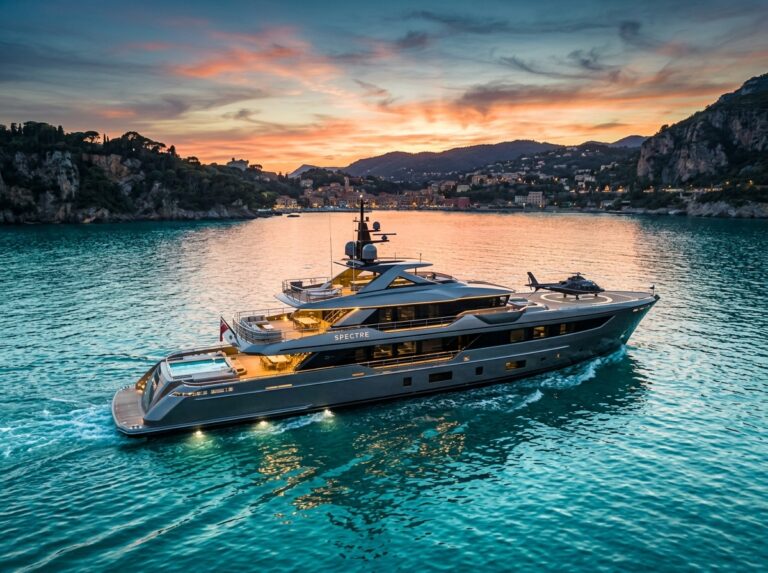 Superyacht di lusso ispirato a James Bond che naviga su acque cristalline al tramonto, simbolo di eleganza e avventura nel viaggio. (Immagine generata con IA)
