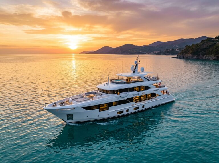 Un lussuoso superyacht ibrido Benetti B.Neos 40M naviga su acque cristalline al tramonto, simbolo di eleganza e innovazione nautica (Immagine generata con IA).