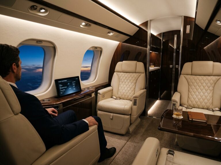 Interni lussuosi di un jet privato moderno con sedili in pelle e un pannello di controllo touch-screen che mostra un'interfaccia AI per la gestione del volo (Immagine generata con IA).