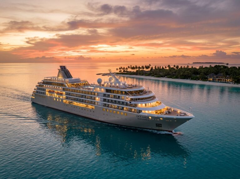Una lussuosa nave da crociera solca acque cristalline al tramonto, simbolo di eleganza e viaggi esclusivi (Immagine generata con IA).