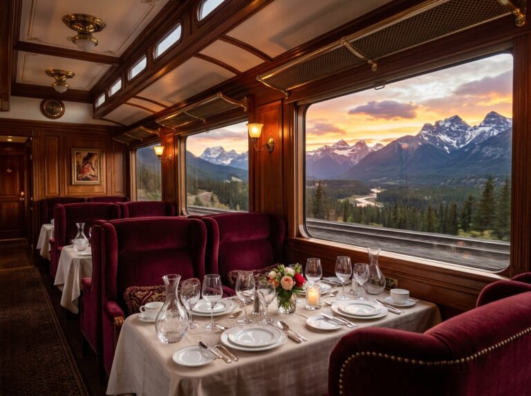 Interno lussuoso di una carrozza ristorante di un treno storico, con tavoli elegantemente apparecchiati e finestre panoramiche che mostrano un paesaggio alpino al tramonto. (Immagine generata con IA)