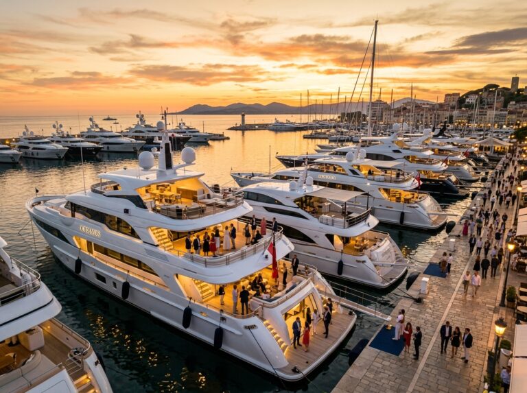Panoramica di un esclusivo raduno di yacht di lusso in una marina al tramonto, con persone elegantemente vestite che socializzano tra le imbarcazioni maestose. (Immagine generata con IA)