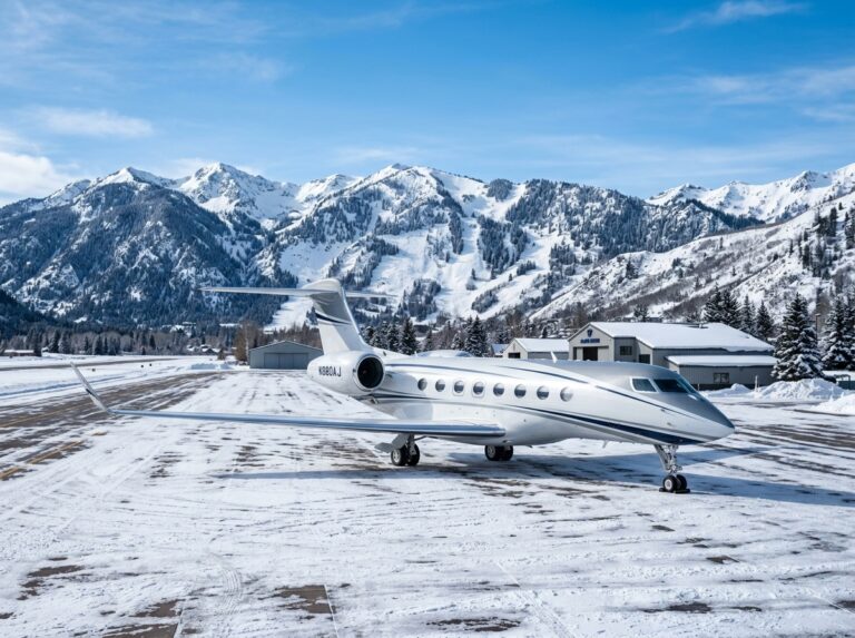 Un lussuoso jet privato bianco parcheggiato su una pista innevata con le maestose montagne di Aspen ricoperte di neve sullo sfondo, sotto un cielo invernale sereno. (Immagine generata con IA)