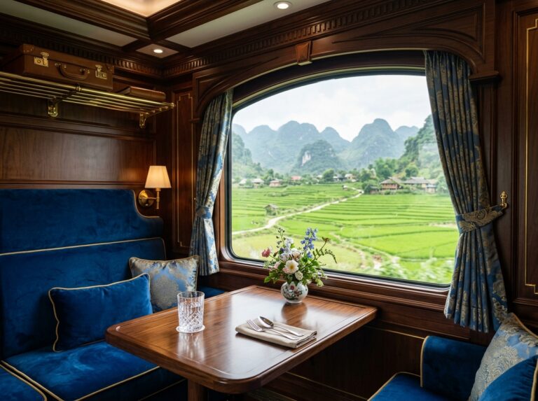 Interno di una lussuosa carrozza ferroviaria con arredi in legno pregiato, sedili in velluto e finestre panoramiche che si affacciano su un paesaggio vietnamita. (Immagine generata con IA)