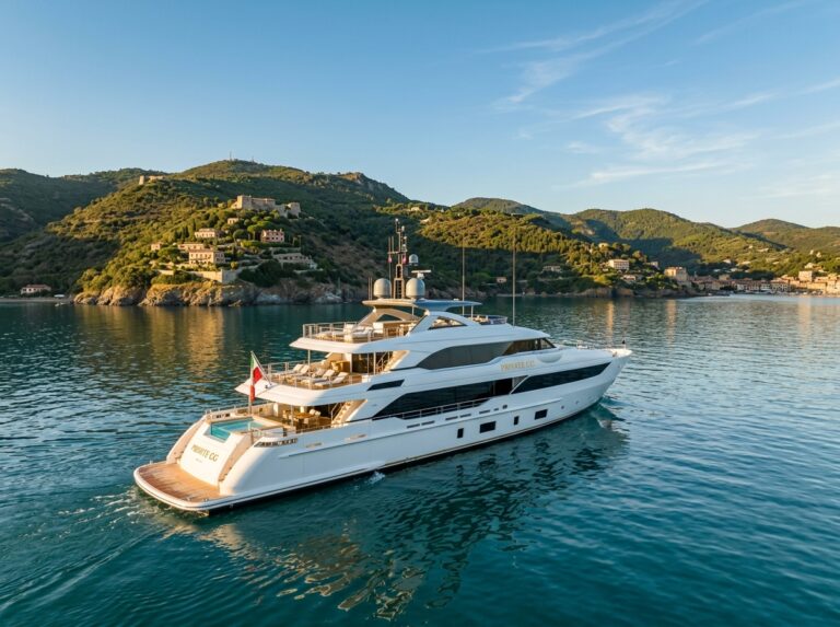 Un lussuoso superyacht di 52 metri, Private GG, naviga nelle acque cristalline dell'Argentario, con le ville costiere sullo sfondo, al tramonto (Immagine generata con IA).