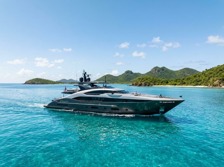Il superyacht di lusso Stealth di 46 metri naviga in acque cristalline sotto un cielo azzurro, con isole lussureggianti all'orizzonte. (Immagine generata con IA)