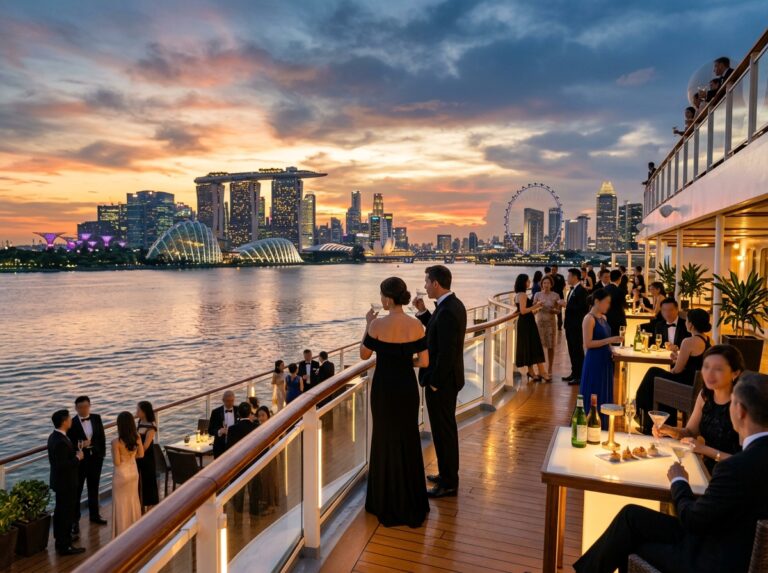 Ponte panoramico di una lussuosa nave da crociera al tramonto con lo skyline di Singapore sullo sfondo, ospiti eleganti con cocktail (Immagine generata con IA).