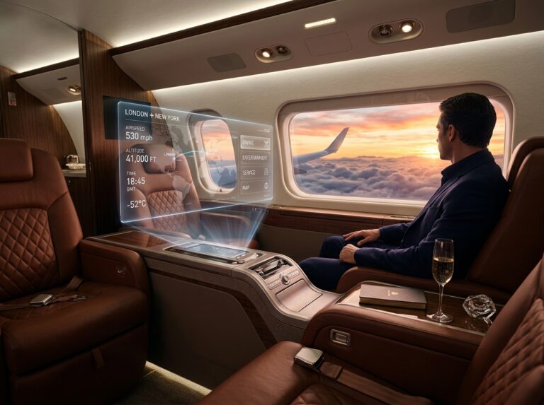 Interno lussuoso di un jet privato con schermo AI che mostra dettagli di volo personalizzati e un passeggero sullo sfondo. (Immagine generata con IA)