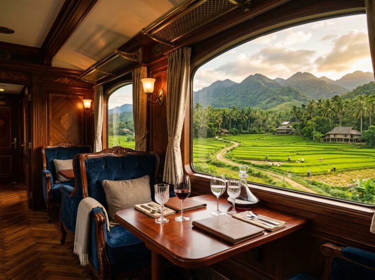 Interno lussuoso di un treno in Vietnam, con poltrone in velluto e finestre panoramiche che affacciano su risaie verdi. (Immagine generata con IA)