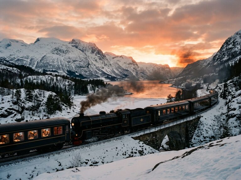 Un lussuoso treno di ispirazione vintage attraversa un paesaggio norvegese innevato al tramonto, con finestre illuminate che rivelano interni eleganti. (Immagine generata con IA)