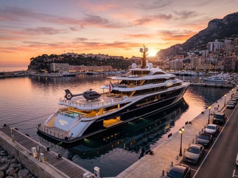 Un maestoso megayacht di lusso da 116 metri ormeggiato in un'esclusiva marina mediterranea al tramonto, con le sue linee eleganti e i ponti multipli che si stagliano contro il cielo dorato. (Immagine generata con IA)