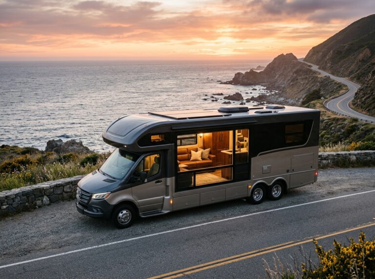 Un motorhome di lusso parcheggiato su una strada costiera panoramica al tramonto, con interni eleganti visibili attraverso le finestre (Immagine generata con IA).