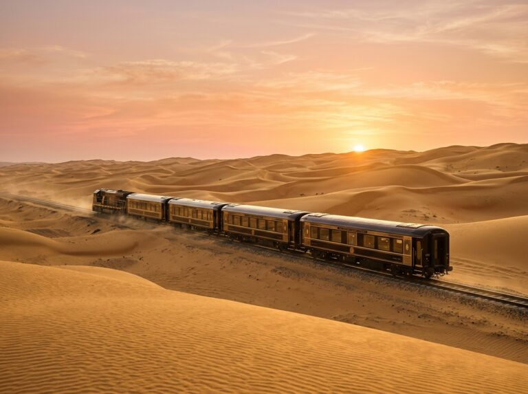 Un lussuoso treno dorato attraversa un vasto paesaggio desertico dell'Arabia Saudita all'alba, con dune maestose e un cielo dai colori caldi (Immagine generata con IA).