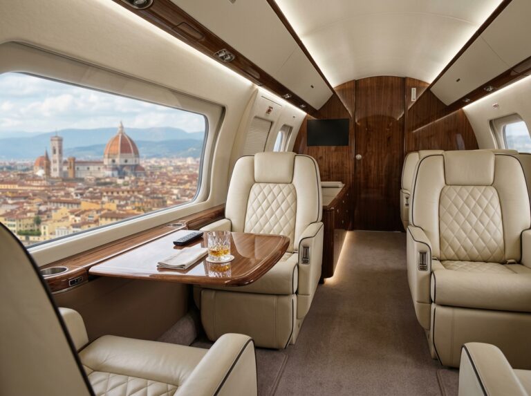 Interno lussuoso di un jet privato con vista su Firenze al tramonto, sedili in pelle e finiture di pregio (Immagine generata con IA).
