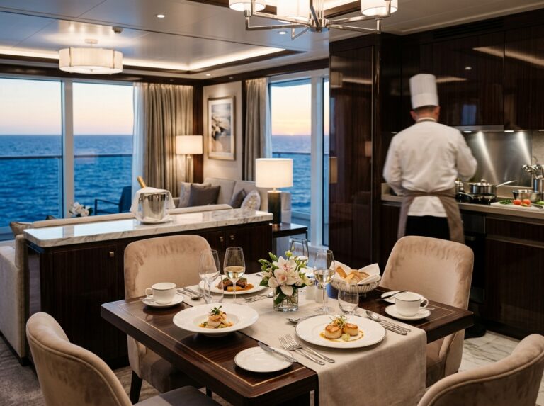 Interno di una suite di lusso su una nave da crociera Silversea, con ampie finestre vista oceano, sala da pranzo elegante e accenno a un servizio chef privato (Immagine generata con IA).