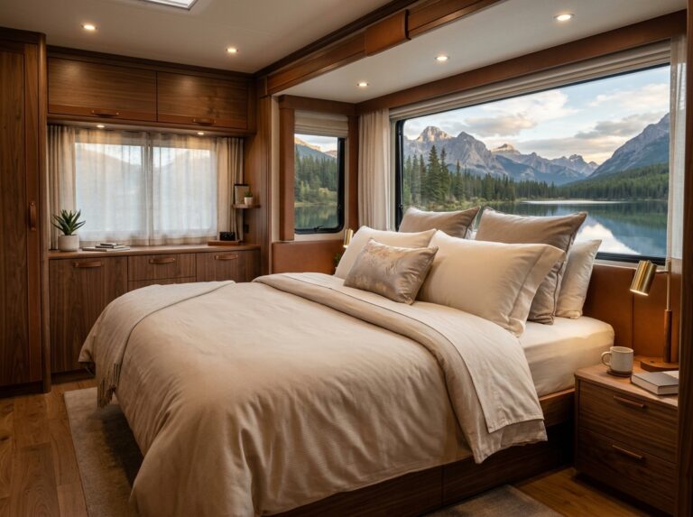 Un letto lussuoso e impeccabile all'interno di un motorhome di alta gamma, con biancheria su misura in tessuti pregiati e toni eleganti. Si intravede una finestra con un paesaggio naturale sereno. (Immagine generata con IA)