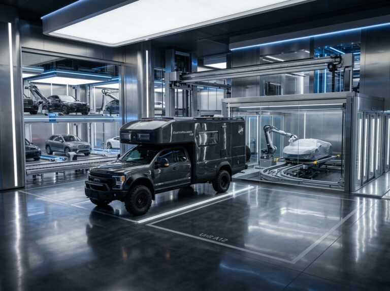 Un lussuoso motorhome di alta gamma parcheggiato in un innovativo parcheggio automatizzato e sicuro, con illuminazione sofisticata e tecnologie avanzate per la cura del veicolo. (Immagine generata con IA)