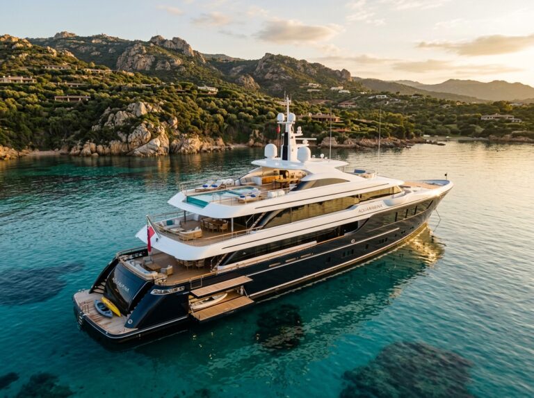 Un lussuoso superyacht ancorato nelle acque cristalline della Costa Smeralda, in Sardegna, sotto un cielo al tramonto. (Immagine generata con IA)
