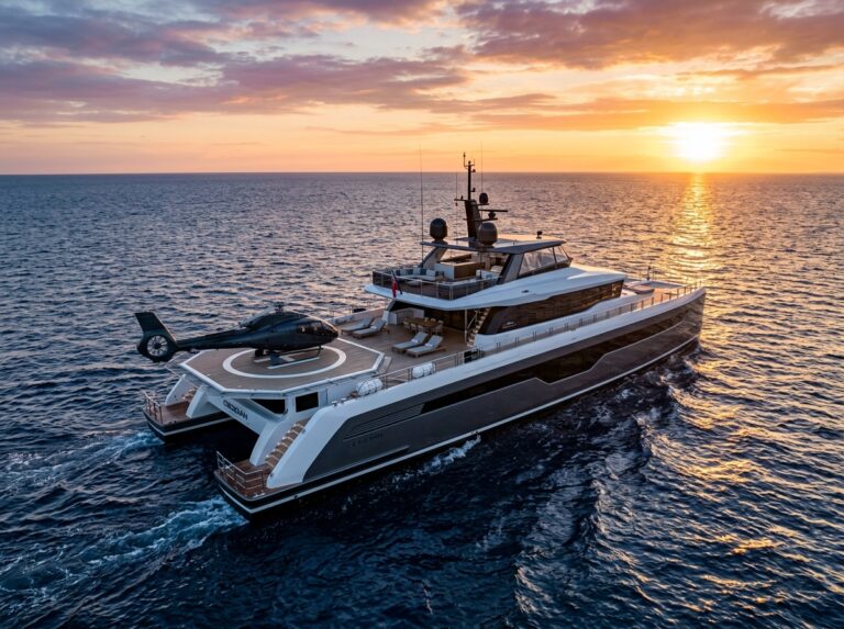 Un lussuoso megayacht catamarano ShadowCat naviga in mare aperto al tramonto, con un design moderno e una piattaforma per elicotteri. (Immagine generata con IA)