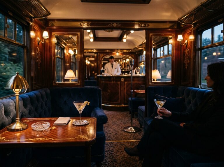 Interno lussuoso e raffinato del Venice Simplon-Orient-Express, con dettagli in legno lucido e velluto, che evocano un'atmosfera da concerto privato ed esclusivo (Immagine generata con IA).