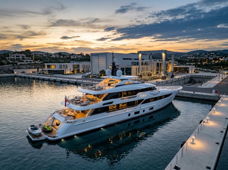 Un lussuoso megayacht moderno attraccato in un cantiere navale all'avanguardia a Trieste, illuminato dalla luce dorata dell'alba, pronto per la sua prossima avventura marittima (Immagine generata con IA).
