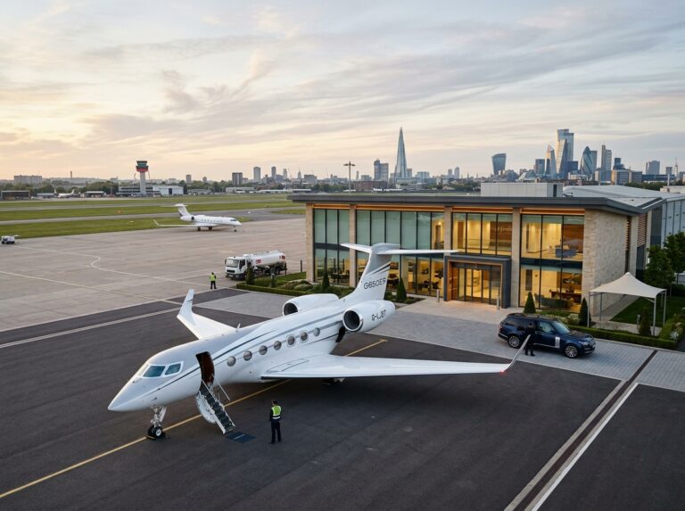 Jet privato di lusso parcheggiato su una pista esclusiva a Londra, con un terminal FBO moderno sullo sfondo, simbolo di viaggi d'affari e di piacere impeccabili (Immagine generata con IA).