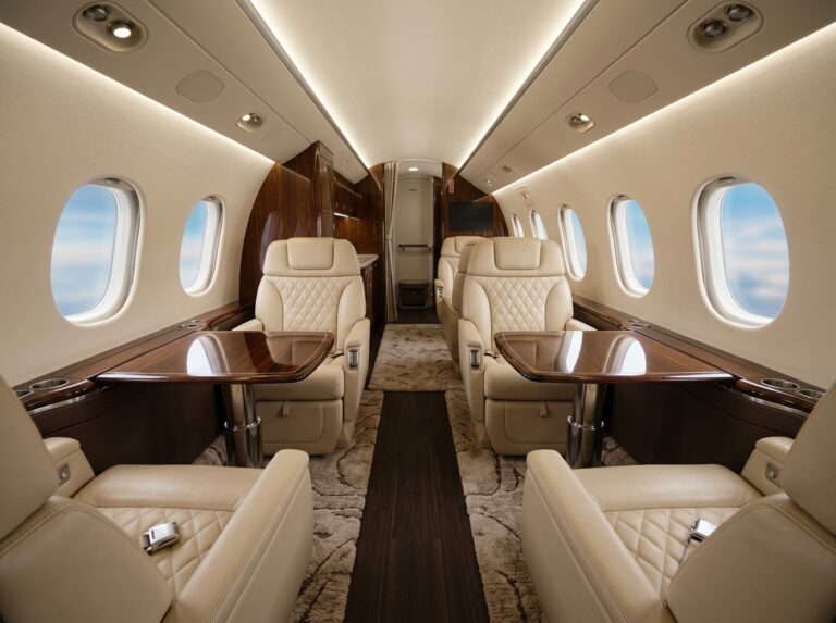 Interno lussuoso di un jet privato Embraer Praetor 600E con poltrone in pelle e finiture in legno pregiato (Immagine generata con IA).