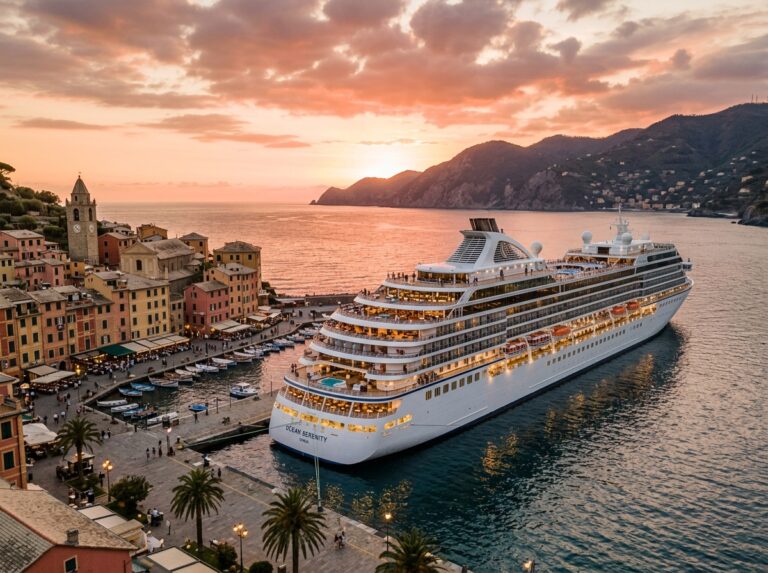 Una sontuosa nave da crociera di lusso attraccata in un pittoresco porto europeo al tramonto, i suoi ponti illuminati che riflettono l'eleganza del viaggio inatteso. (Immagine generata con IA)